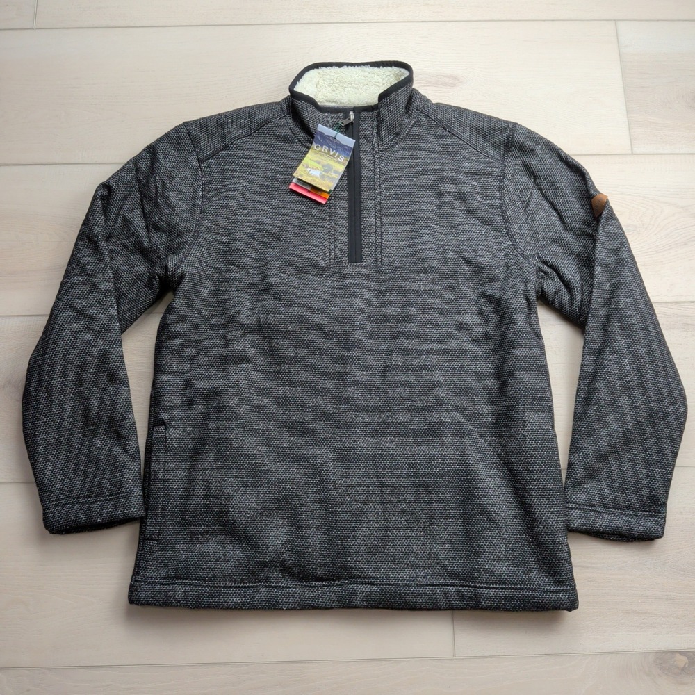 Orvis 1/4 Zip Pullover Mens Medium Sherpa Lined Sweater Charcoal Grey 1526440‎